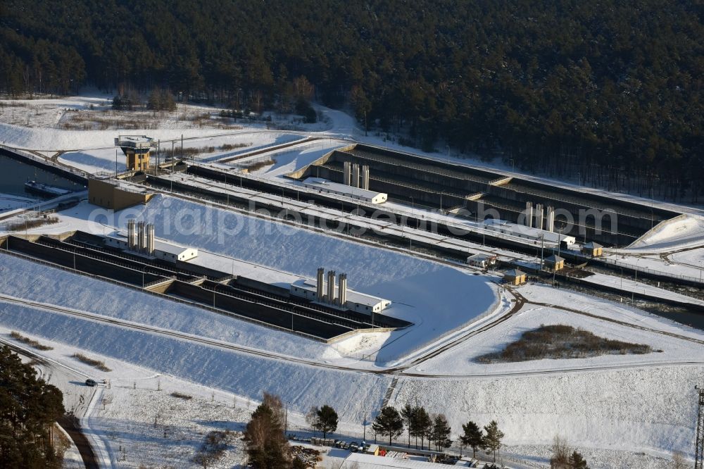 Hohenwarthe from above - Wintry snowy locks - plants on the banks of the waterway of the Elbe-Havel-Kanales in Hohenwarthe in the state Saxony-Anhalt