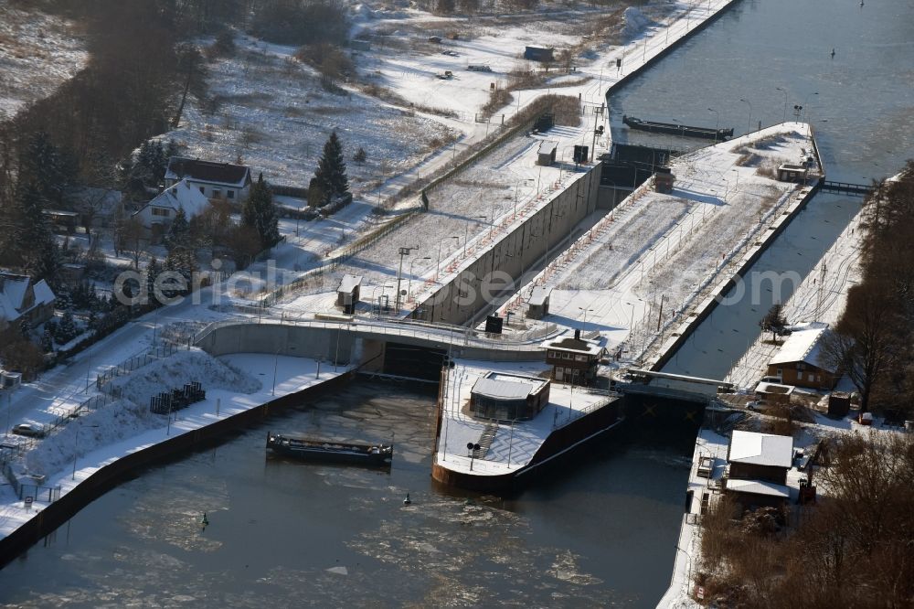 Wusterwitz from above - Locks - plants on the banks of the waterway of the Elbe-Havel-Kanales in Wusterwitz in the state Brandenburg