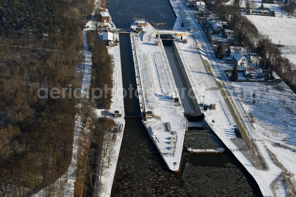 Wusterwitz from above - Locks - plants on the banks of the waterway of the Elbe-Havel-Kanales in Wusterwitz in the state Brandenburg