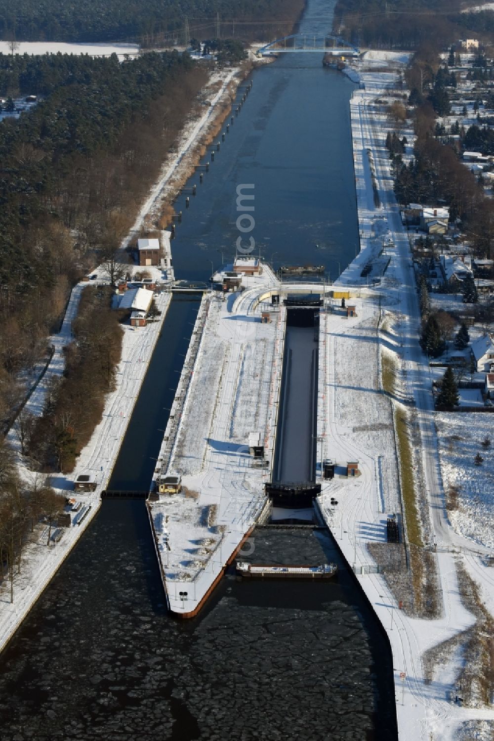 Aerial image Wusterwitz - Locks - plants on the banks of the waterway of the Elbe-Havel-Kanales in Wusterwitz in the state Brandenburg