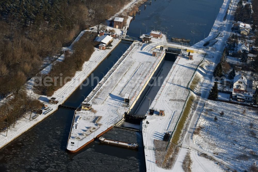 Wusterwitz from above - Locks - plants on the banks of the waterway of the Elbe-Havel-Kanales in Wusterwitz in the state Brandenburg