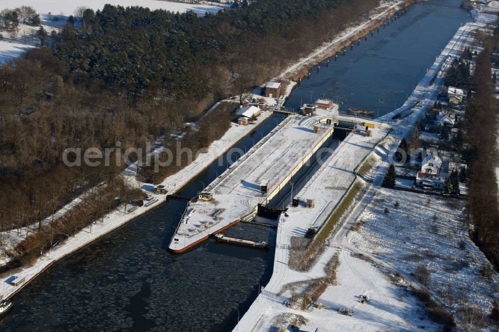 Wusterwitz from the bird's eye view: Locks - plants on the banks of the waterway of the Elbe-Havel-Kanales in Wusterwitz in the state Brandenburg