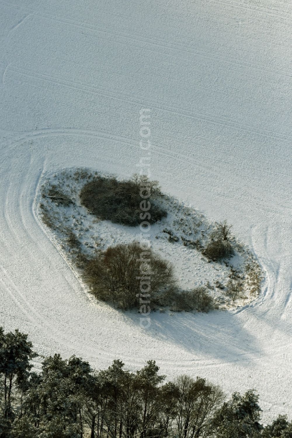 Aerial image Altlandsberg - Wintery snow- covered structures on agricultural fields in Altlandsberg in the state Brandenburg