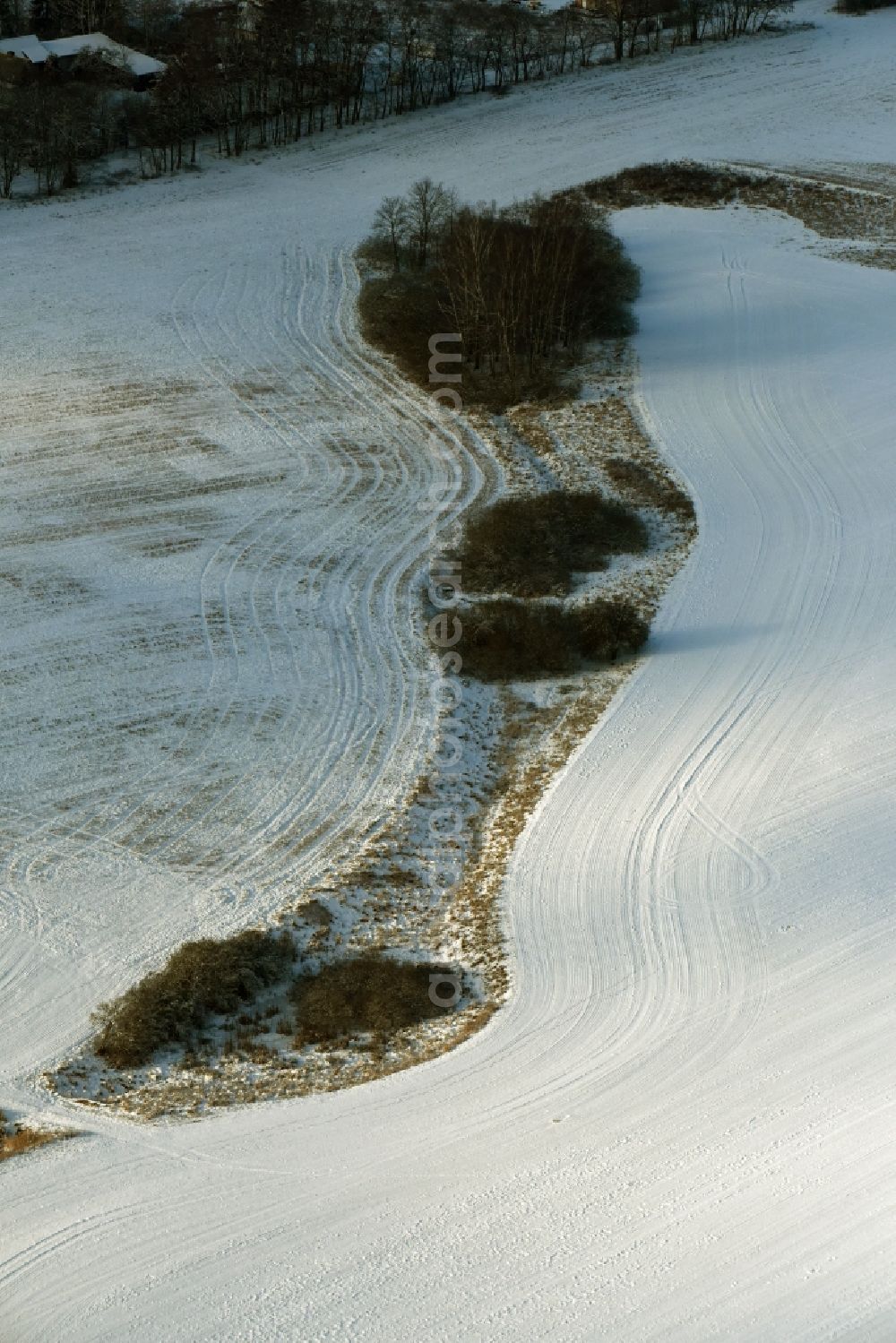 Aerial photograph Altlandsberg - Wintery snow- covered structures on agricultural fields in Altlandsberg in the state Brandenburg