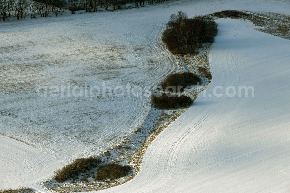 Altlandsberg from the bird's eye view: Wintery snow- covered structures on agricultural fields in Altlandsberg in the state Brandenburg