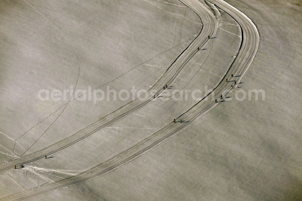 Sankt Andreasberg from above - Wintery snow- covered structures on agricultural fields in the district Oderbrueck in Sankt Andreasberg in the state Lower Saxony