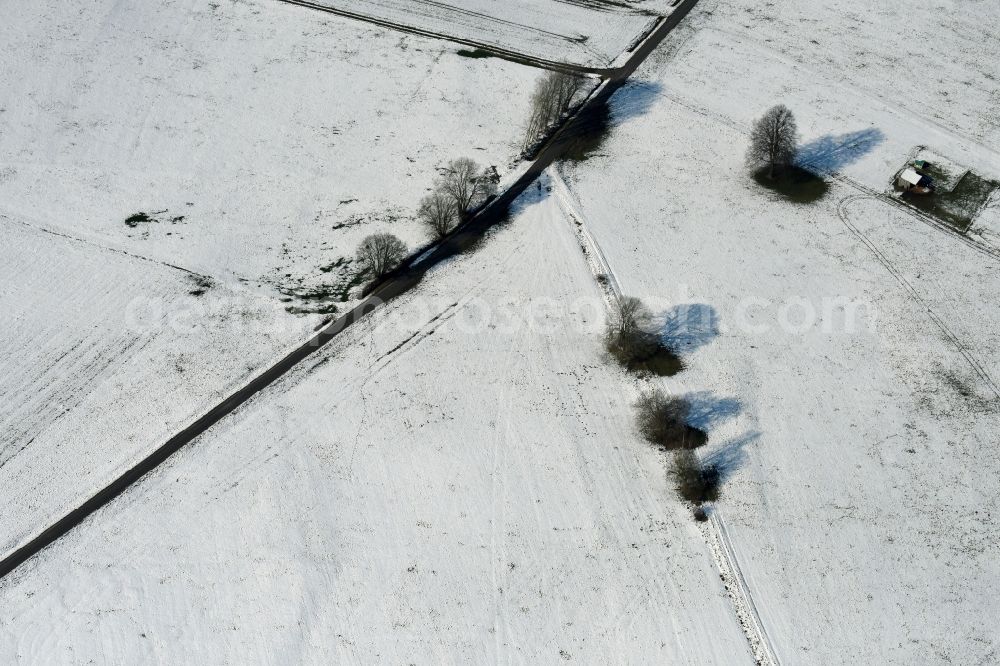 Tann (Rhön) from above - Wintery snow- covered structures on agricultural fields in Tann (Rhoen) in the state Hesse