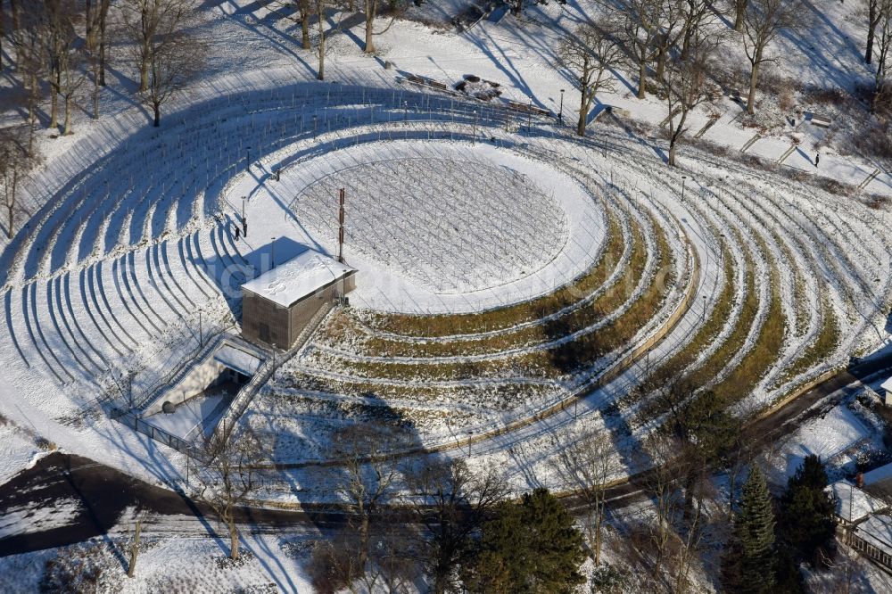 Aerial image Brandenburg an der Havel - Wintery snow- covered structure of the waterworks with high storage facility in Brandenburg an der Havel in the state Brandenburg