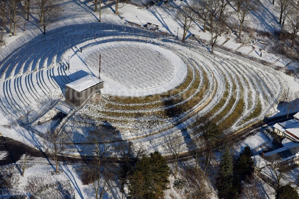 Aerial photograph Brandenburg an der Havel - Wintery snow- covered structure of the waterworks with high storage facility in Brandenburg an der Havel in the state Brandenburg