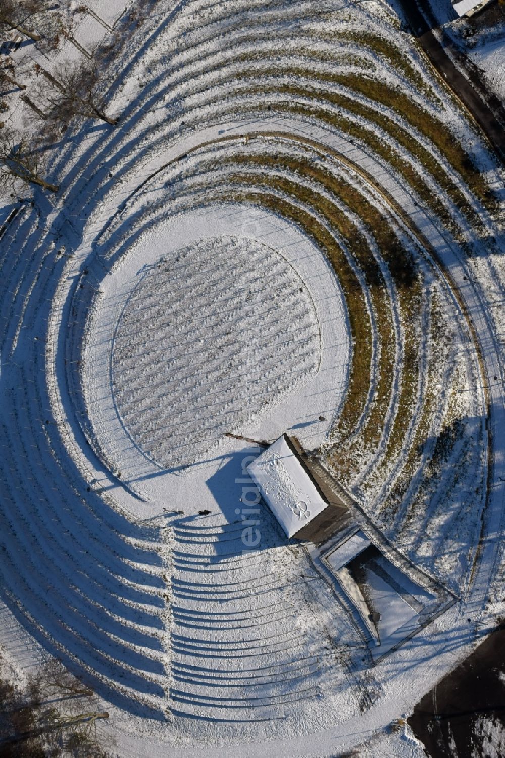 Brandenburg an der Havel from above - Wintery snow- covered structure of the waterworks with high storage facility in Brandenburg an der Havel in the state Brandenburg