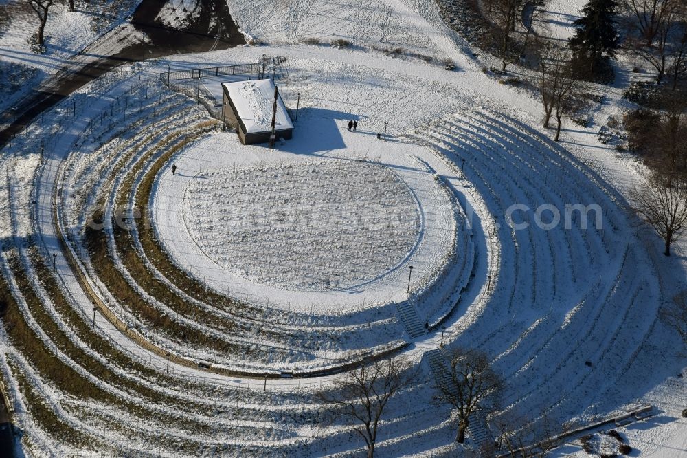 Aerial image Brandenburg an der Havel - Wintery snow- covered structure of the waterworks with high storage facility in Brandenburg an der Havel in the state Brandenburg