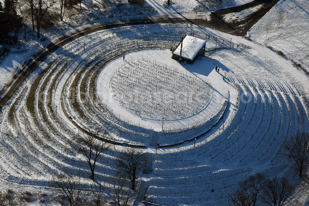 Aerial photograph Brandenburg an der Havel - Wintery snow- covered structure of the waterworks with high storage facility in Brandenburg an der Havel in the state Brandenburg