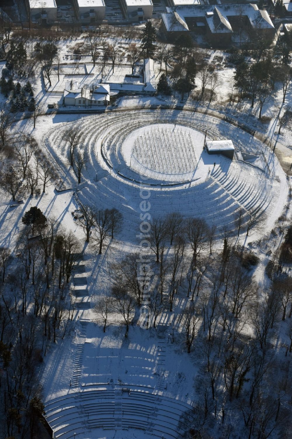 Brandenburg an der Havel from above - Wintery snow- covered structure of the waterworks with high storage facility in Brandenburg an der Havel in the state Brandenburg