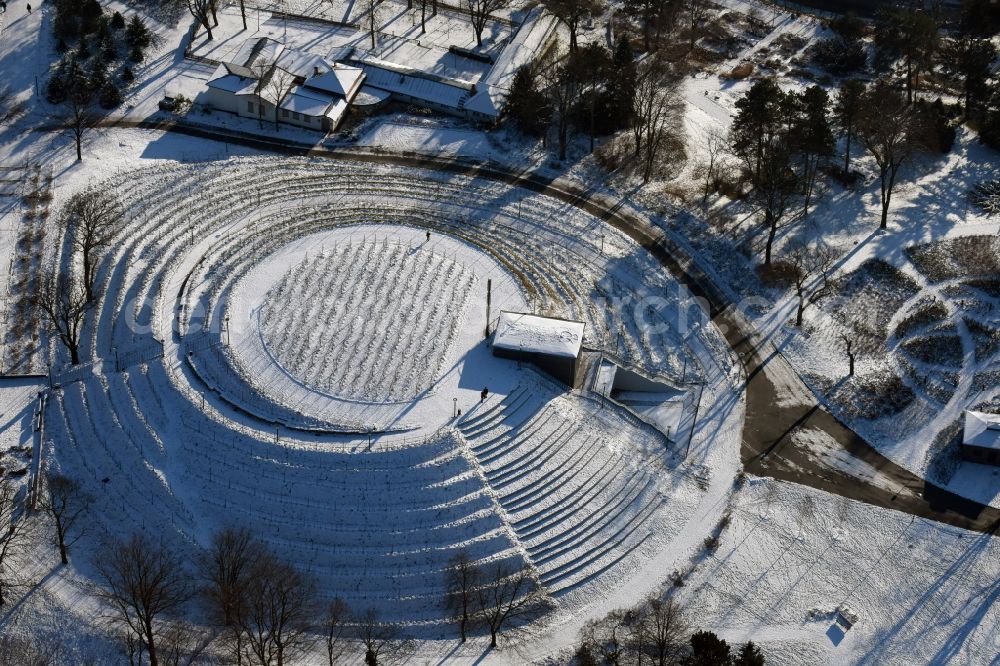 Aerial image Brandenburg an der Havel - Wintery snow- covered structure of the waterworks with high storage facility in Brandenburg an der Havel in the state Brandenburg