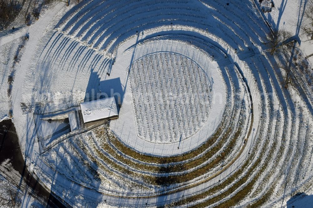 Aerial image Brandenburg an der Havel - Wintery snow- covered structure of the waterworks with high storage facility in Brandenburg an der Havel in the state Brandenburg