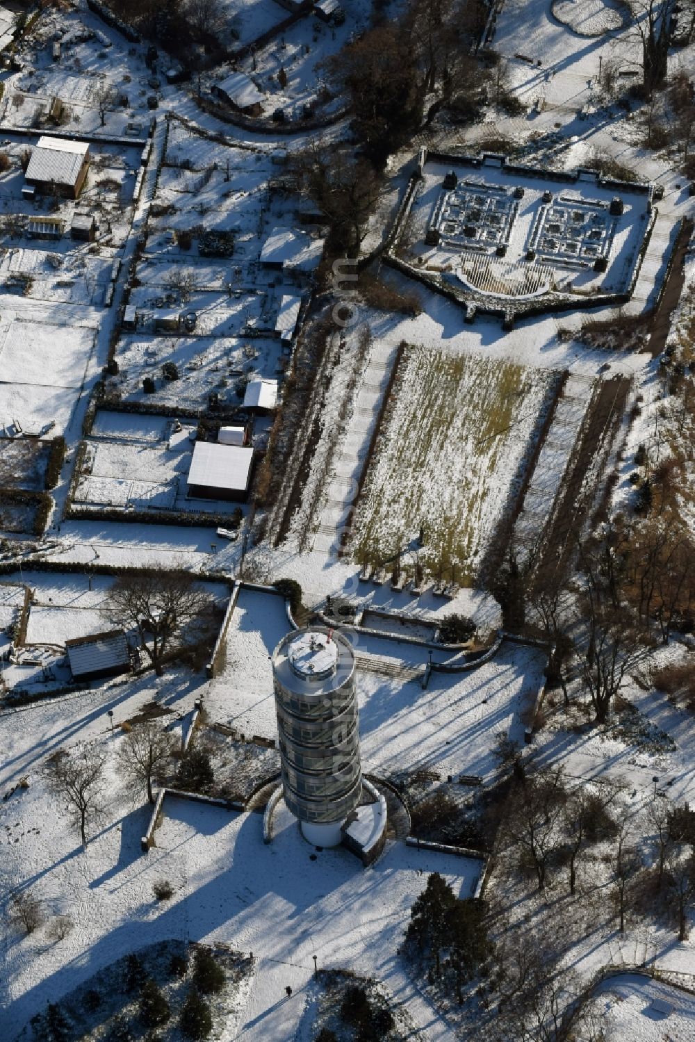 Brandenburg an der Havel from above - Wintry snowy Observation tower Friedendswarte in the park Marienberg in Brandenburg an der Havel in the state Brandenburg