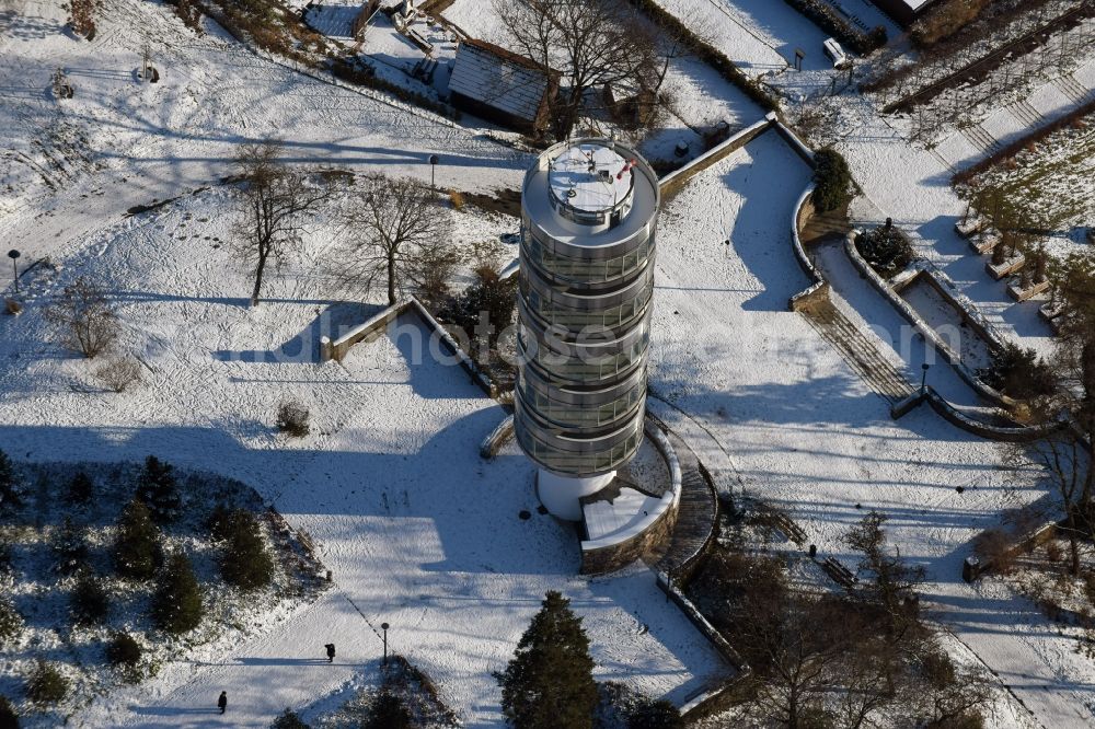 Aerial image Brandenburg an der Havel - Wintry snowy Observation tower Friedendswarte in the park Marienberg in Brandenburg an der Havel in the state Brandenburg