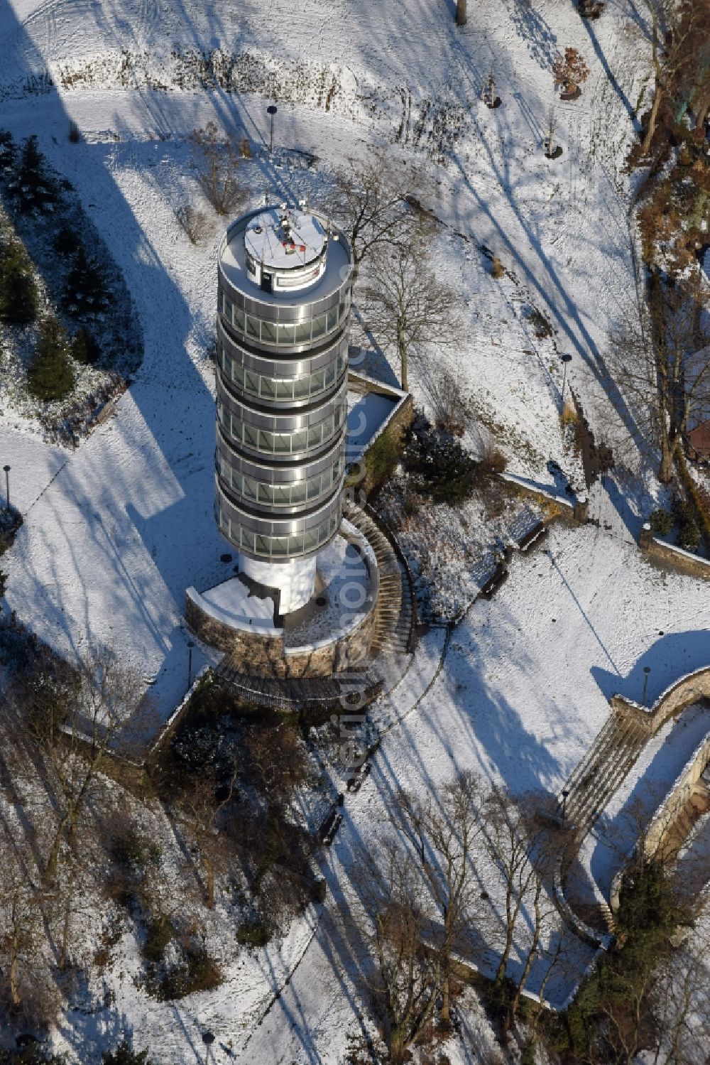 Brandenburg an der Havel from above - Wintry snowy Observation tower Friedendswarte in the park Marienberg in Brandenburg an der Havel in the state Brandenburg