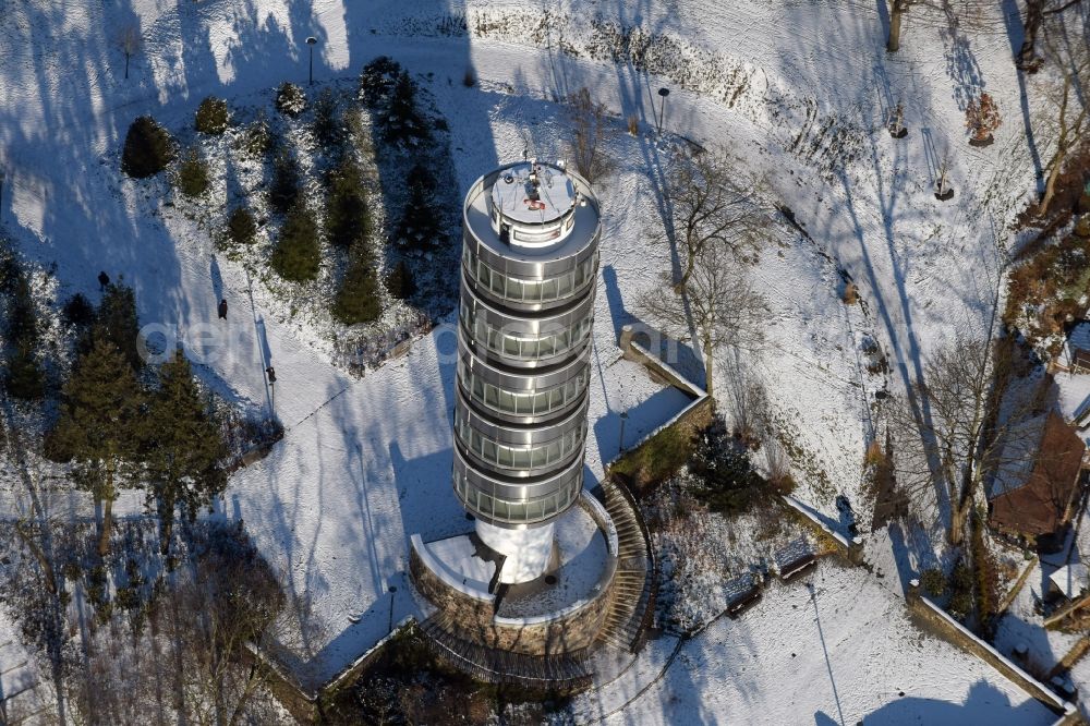 Brandenburg an der Havel from the bird's eye view: Wintry snowy Observation tower Friedendswarte in the park Marienberg in Brandenburg an der Havel in the state Brandenburg