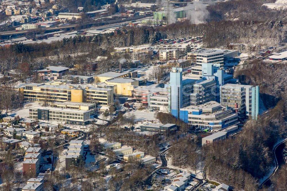 Aerial image Siegen - Wintry snowy campus University- area of Adolf-Reichwein-Gebaeude in Siegen in the state North Rhine-Westphalia