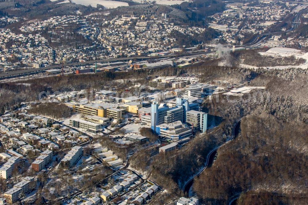 Aerial photograph Siegen - Wintry snowy campus University- area of Adolf-Reichwein-Gebaeude in Siegen in the state North Rhine-Westphalia