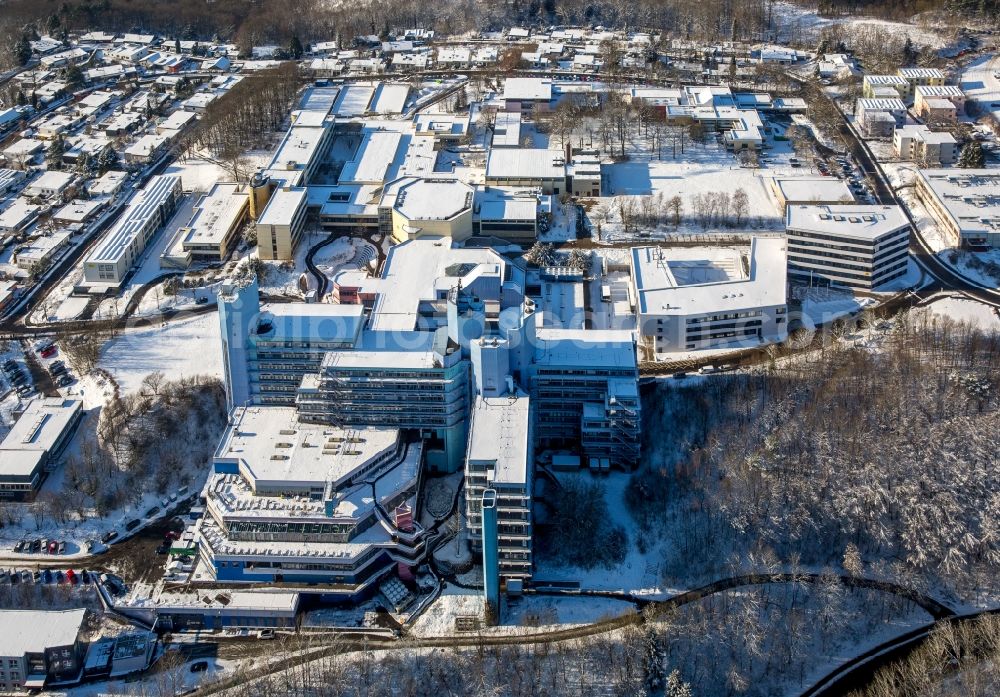 Siegen from above - Wintry snowy campus University- area of Adolf-Reichwein-Gebaeude in Siegen in the state North Rhine-Westphalia