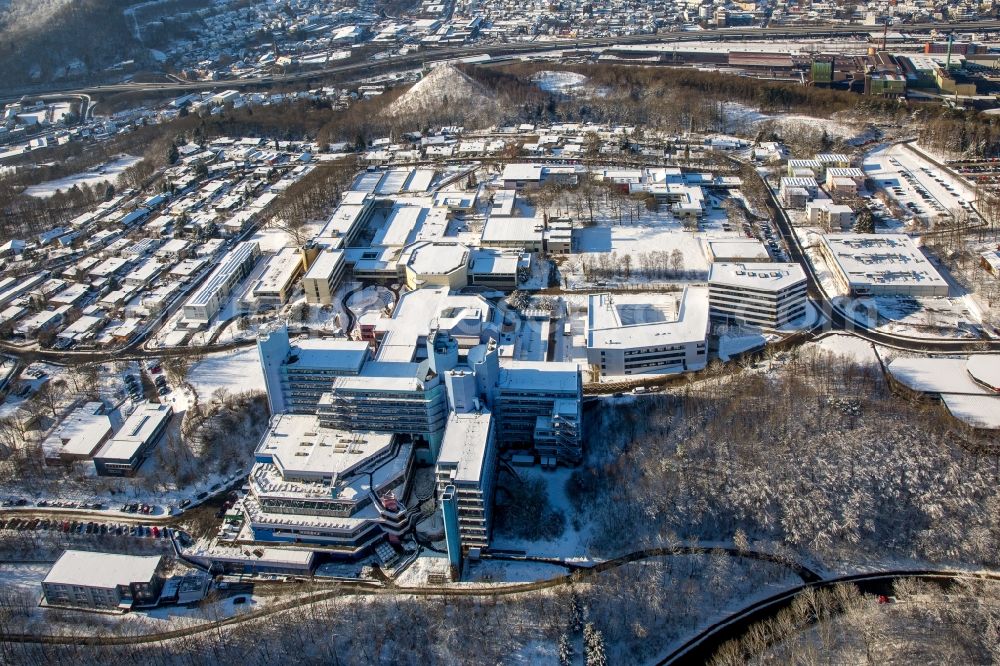 Aerial image Siegen - Wintry snowy campus University- area of Adolf-Reichwein-Gebaeude in Siegen in the state North Rhine-Westphalia