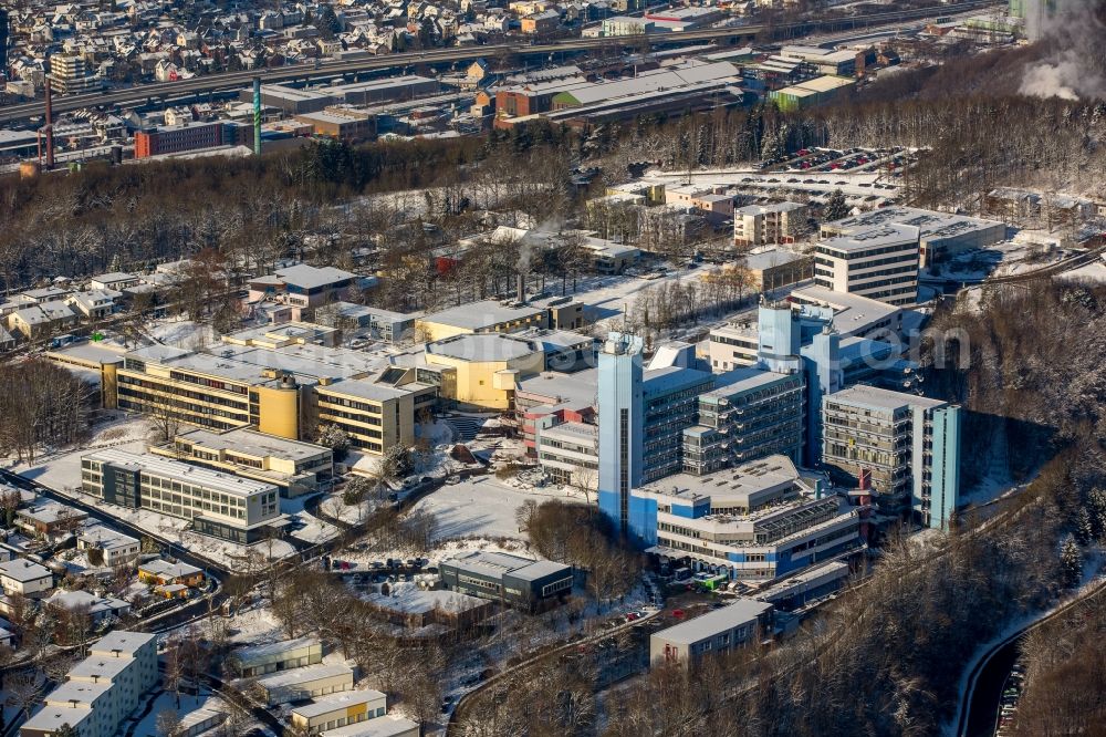 Siegen from above - Wintry snowy campus University- area of Adolf-Reichwein-Gebaeude in Siegen in the state North Rhine-Westphalia