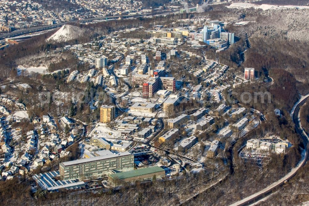 Aerial photograph Siegen - Wintry snowy campus University- area of Adolf-Reichwein-Gebaeude in Siegen in the state North Rhine-Westphalia