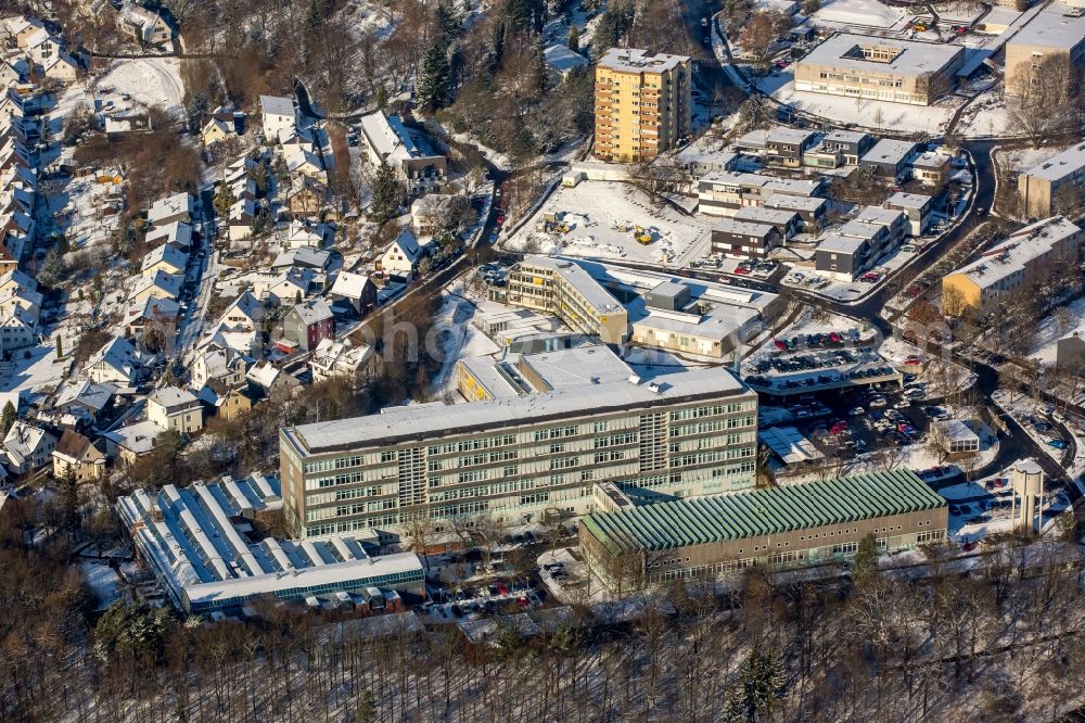 Siegen from above - Wintry snowy campus University- area of Adolf-Reichwein-Gebaeude in Siegen in the state North Rhine-Westphalia