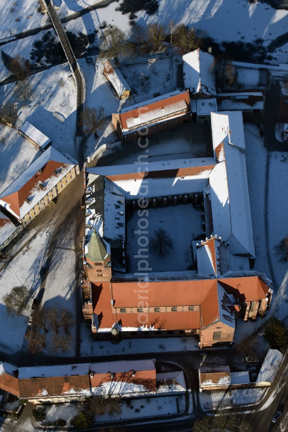 Brandenburg an der Havel from above - WInterly snowy cathedral of St. Peter and Paul at the Burghof in Brandenburg an der Havel in the state of Brandenburg