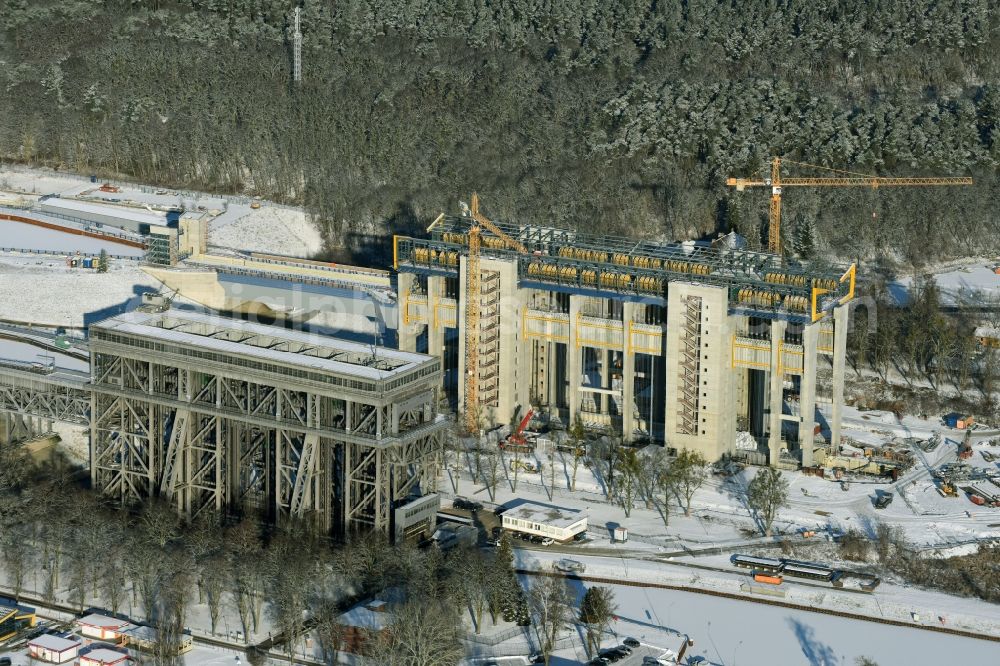 Niederfinow from the bird's eye view: Wintry snowy new building of the boat lift Niederfinow