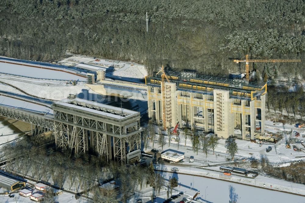 Aerial image Niederfinow - Wintry snowy new building of the boat lift Niederfinow