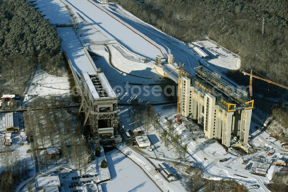 Niederfinow from the bird's eye view: Wintry snowy new building of the boat lift Niederfinow