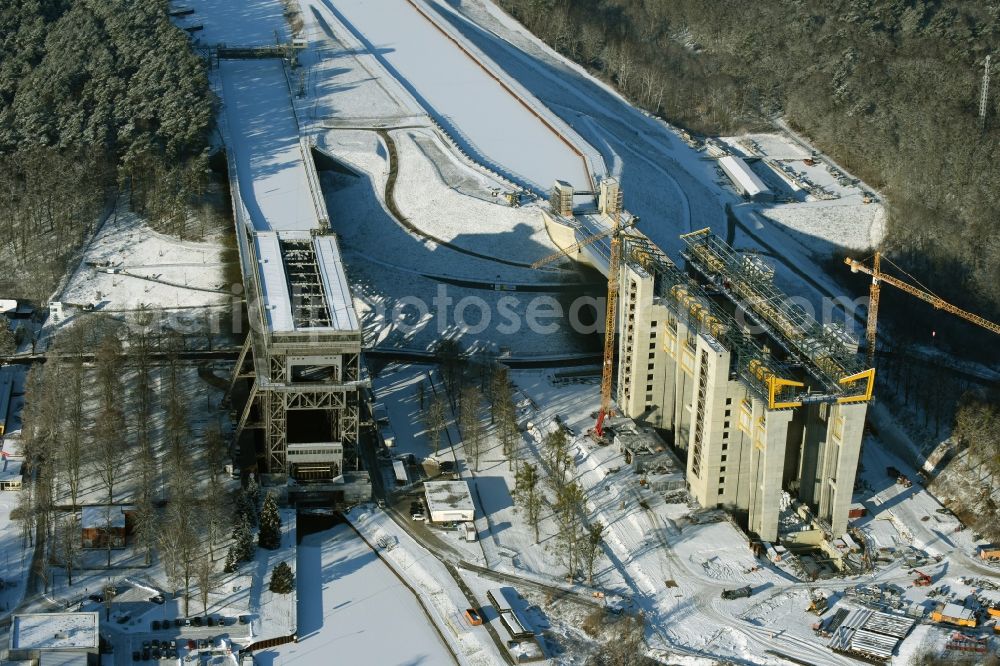 Aerial image Niederfinow - Wintry snowy new building of the boat lift Niederfinow