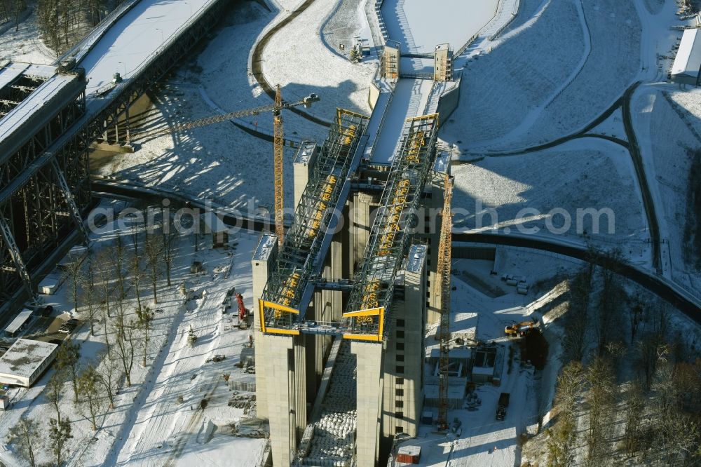 Niederfinow from above - Wintry snowy new building of the boat lift Niederfinow