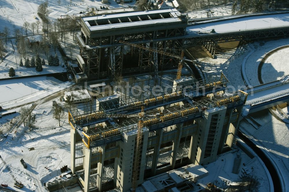 Aerial image Niederfinow - Wintry snowy new building of the boat lift Niederfinow