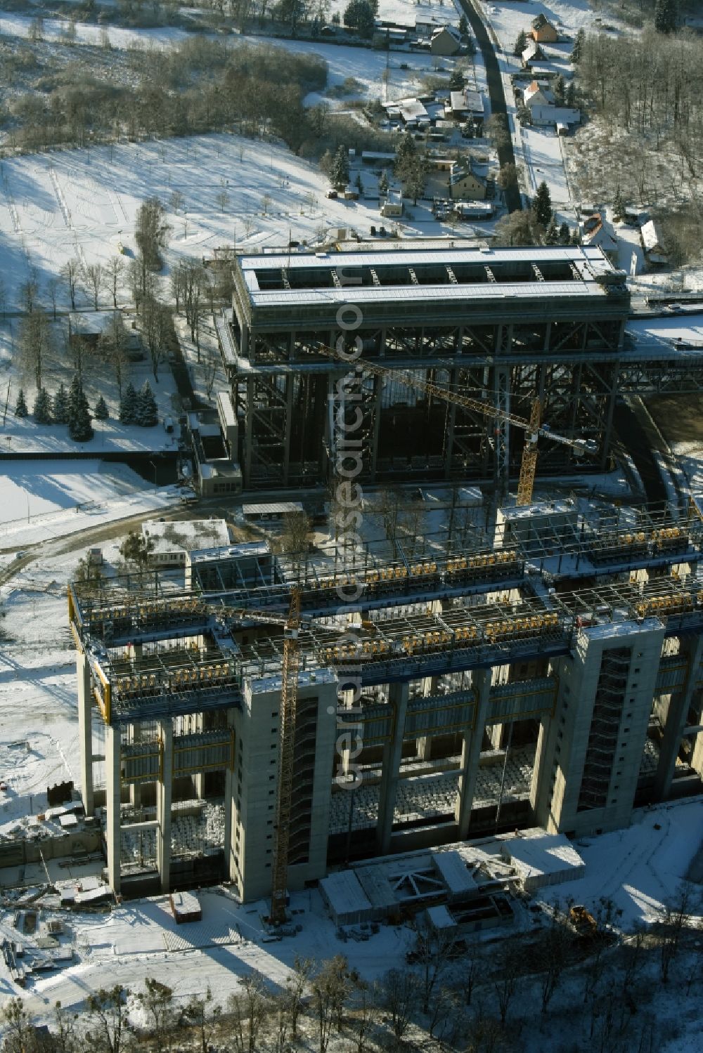 Niederfinow from above - Wintry snowy new building of the boat lift Niederfinow