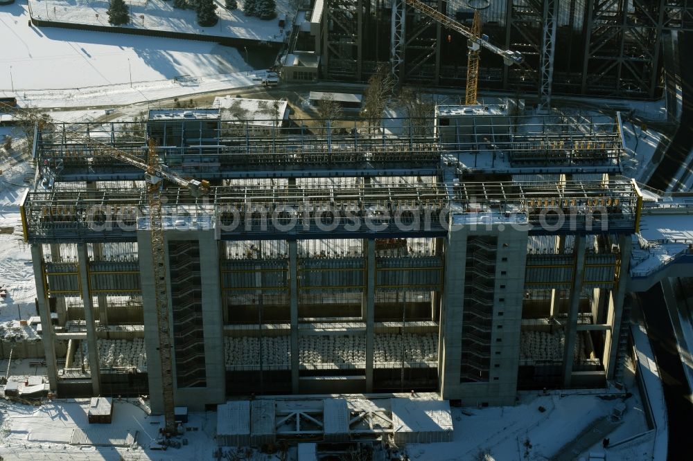 Niederfinow from the bird's eye view: Wintry snowy new building of the boat lift Niederfinow