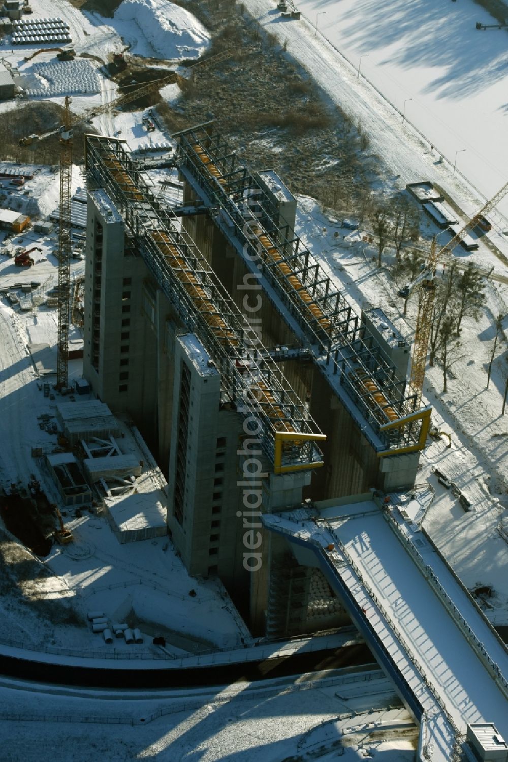 Aerial photograph Niederfinow - Wintry snowy new building of the boat lift Niederfinow