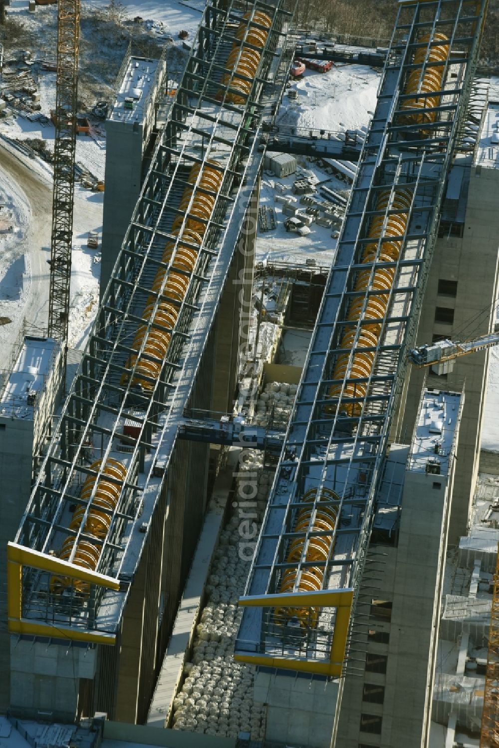 Niederfinow from the bird's eye view: Wintry snowy new building of the boat lift Niederfinow