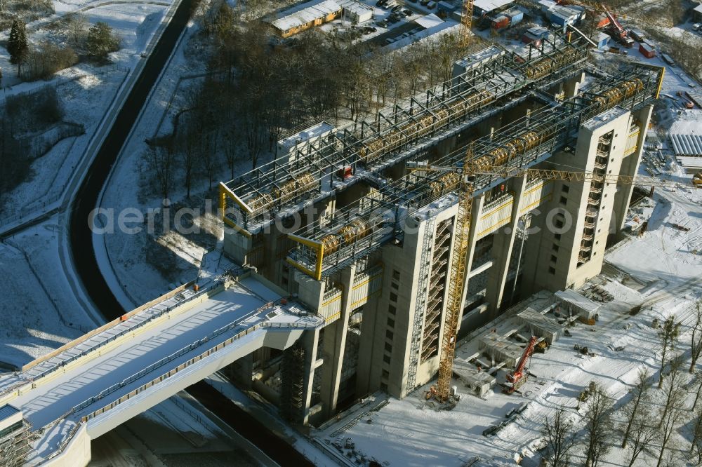 Aerial image Niederfinow - Wintry snowy new building of the boat lift Niederfinow