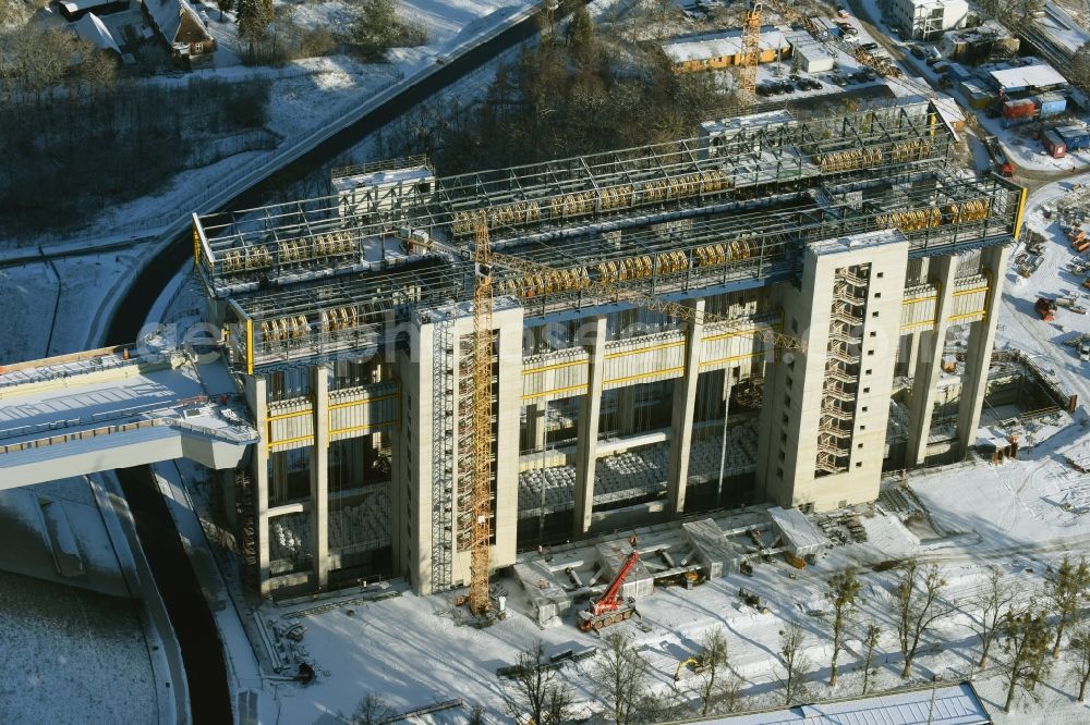 Niederfinow from above - Wintry snowy new building of the boat lift Niederfinow