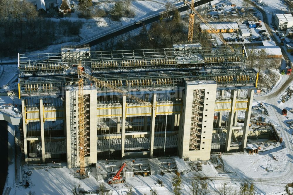 Niederfinow from the bird's eye view: Wintry snowy new building of the boat lift Niederfinow