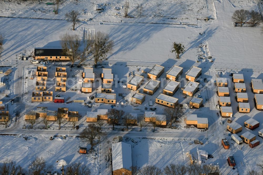 Aerial image Magdeburg - Wintry snowy new build Refugee - buildings at the Street Breitscheidstrasse in Magdeburg in the state Saxony-Anhalt