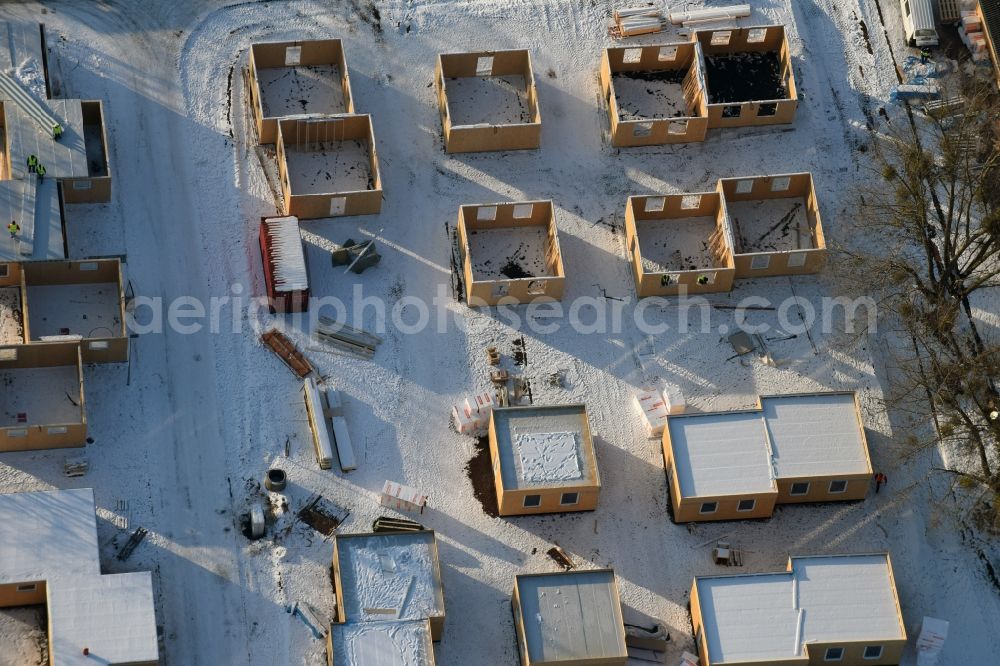 Aerial image Magdeburg - Wintry snowy new build Refugee - buildings at the Street Breitscheidstrasse in Magdeburg in the state Saxony-Anhalt