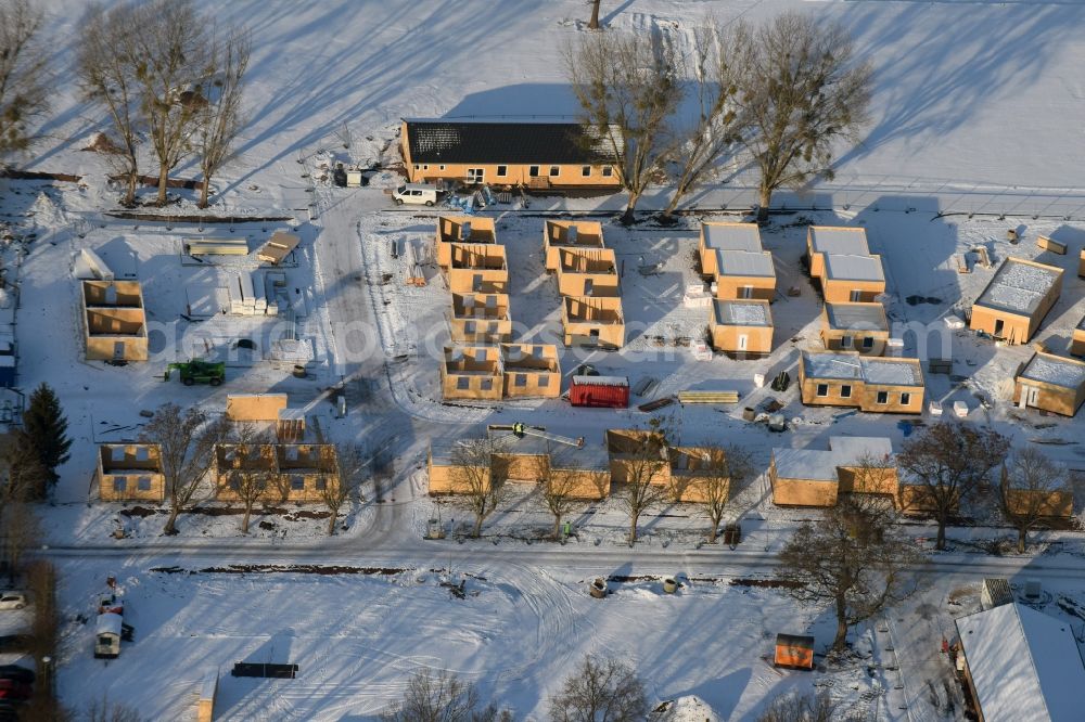 Magdeburg from above - Wintry snowy new build Refugee - buildings at the Street Breitscheidstrasse in Magdeburg in the state Saxony-Anhalt