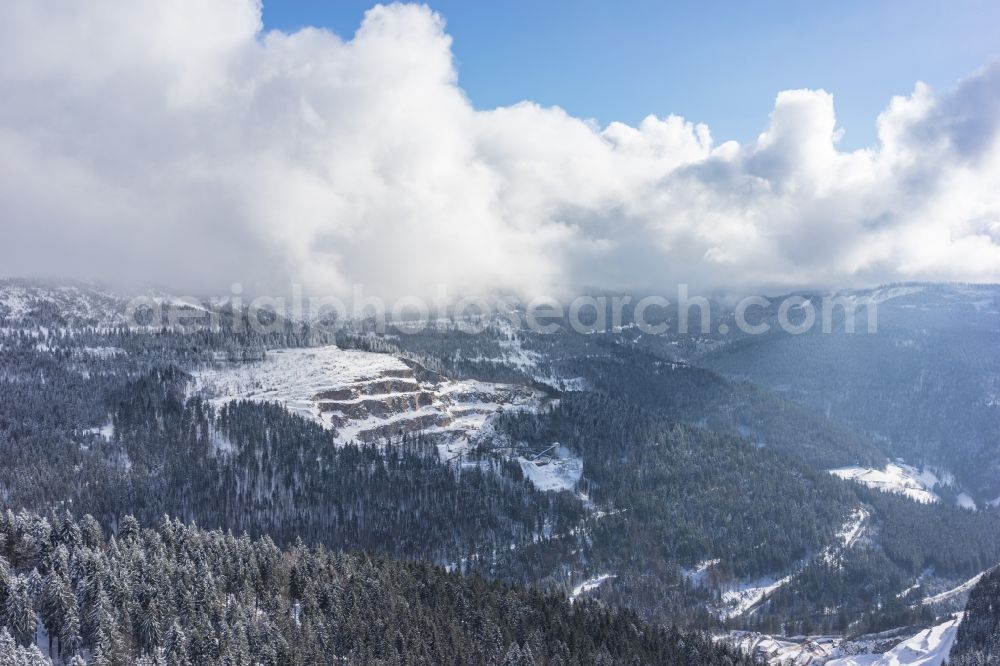 Aerial image Seebach - Wintry snowy Quarry for the mining and handling of Granit in Seebach in the state Baden-Wuerttemberg