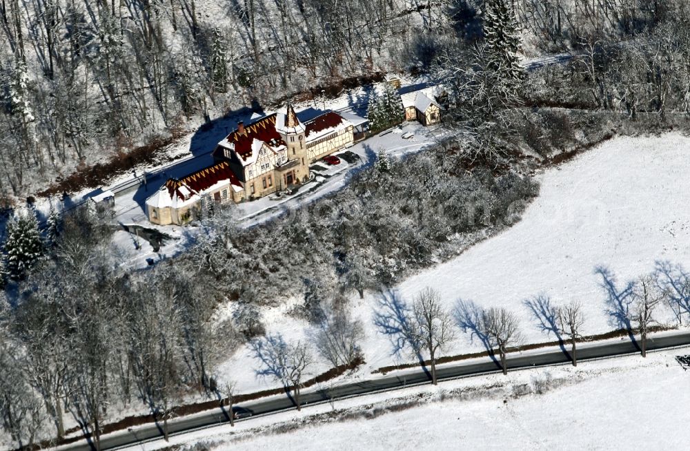 Schwarzburg from the bird's eye view: Snow- covered station railway building of the Deutsche Bahn in Schwarzburg in the state of Thuringia