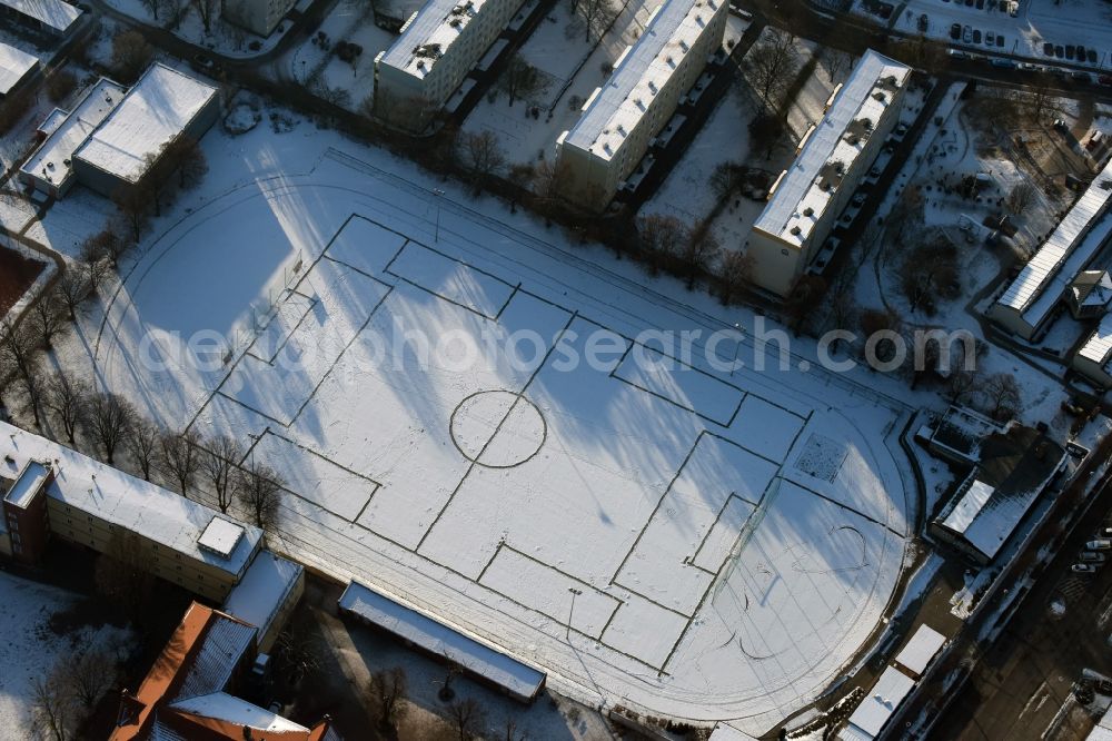 Aerial image Magdeburg - Football stadium of the football club Post SV on Spielhagenstrasse in Magdeburg in the state Saxony-Anhalt